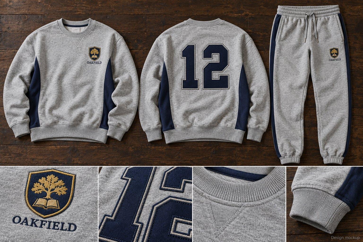 Grey and navy school sweatshirt with an embroidered crest and appliqué number, and matching joggers
