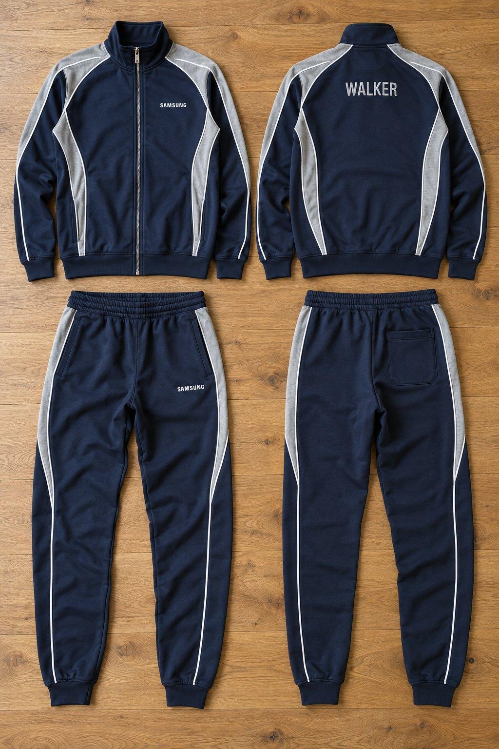 Navy track jacket and joggers with grey panels and white piping, Samsung logo on the chest and leg and a name across the back