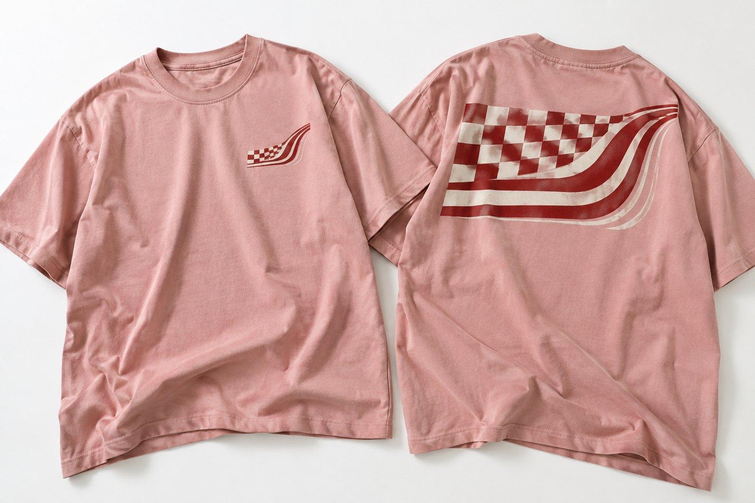 Dusty pink tee, front and back, with a red and cream checkered flag on the chest and a large one across the back