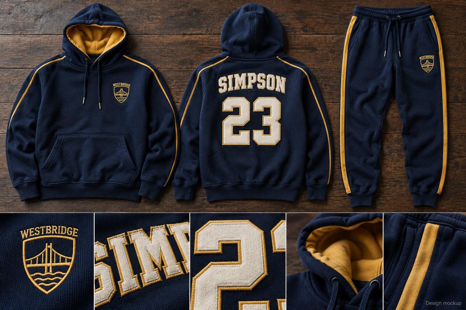 Navy team hoodie with gold piping, an embroidered crest and appliqué name and number, and matching joggers