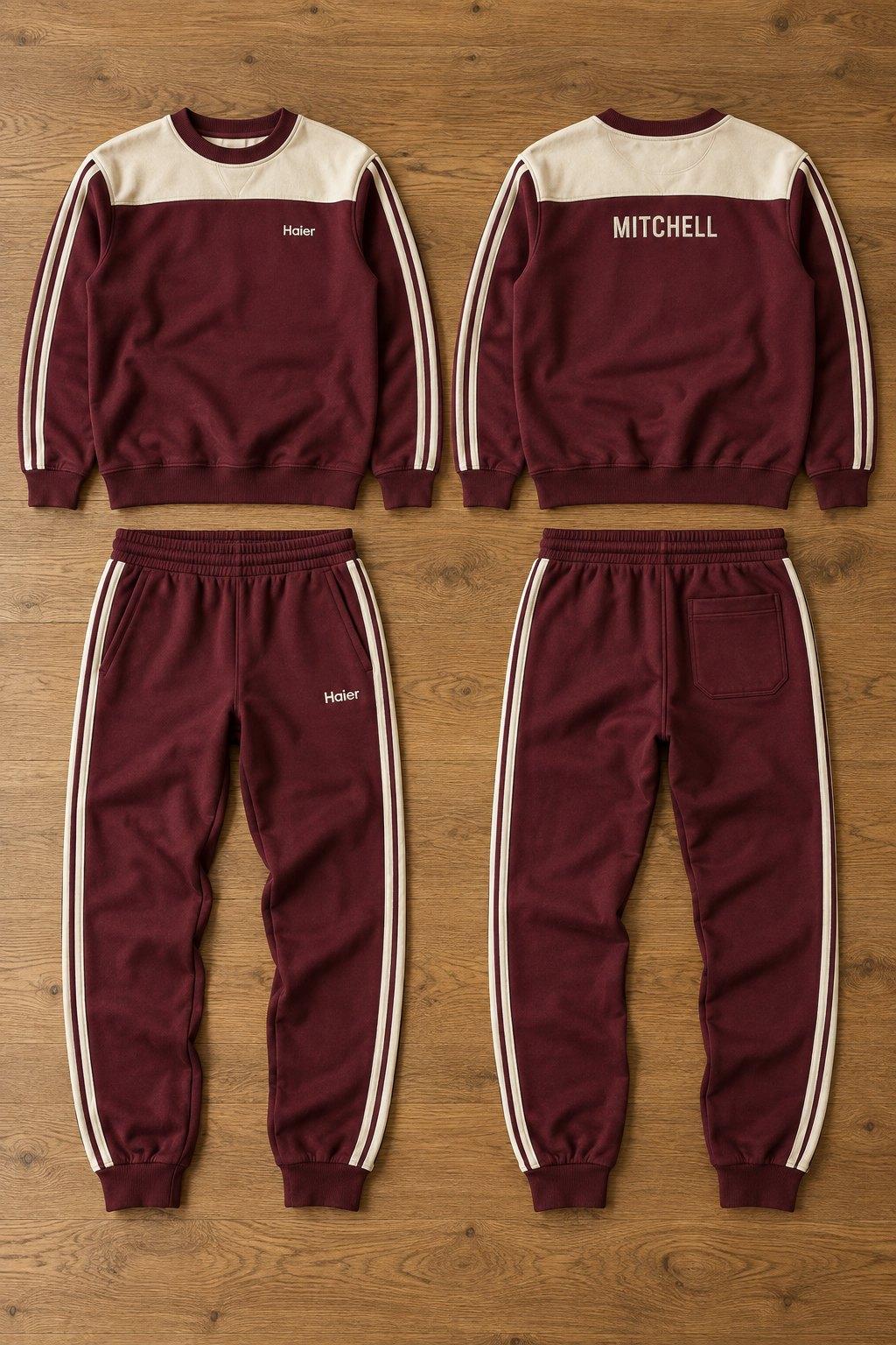 Burgundy crew-neck tracksuit with a cream yoke and twin sleeve stripes, Haier logo on the chest and leg and a name across the back