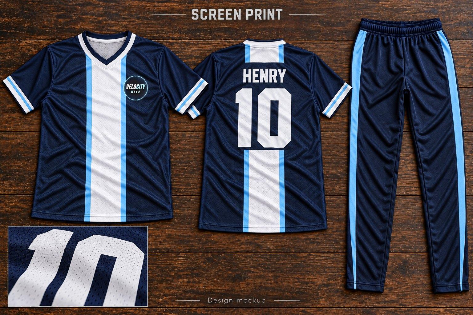Navy jersey with a white and sky blue centre stripe, a screen-printed name and number, and matching trousers