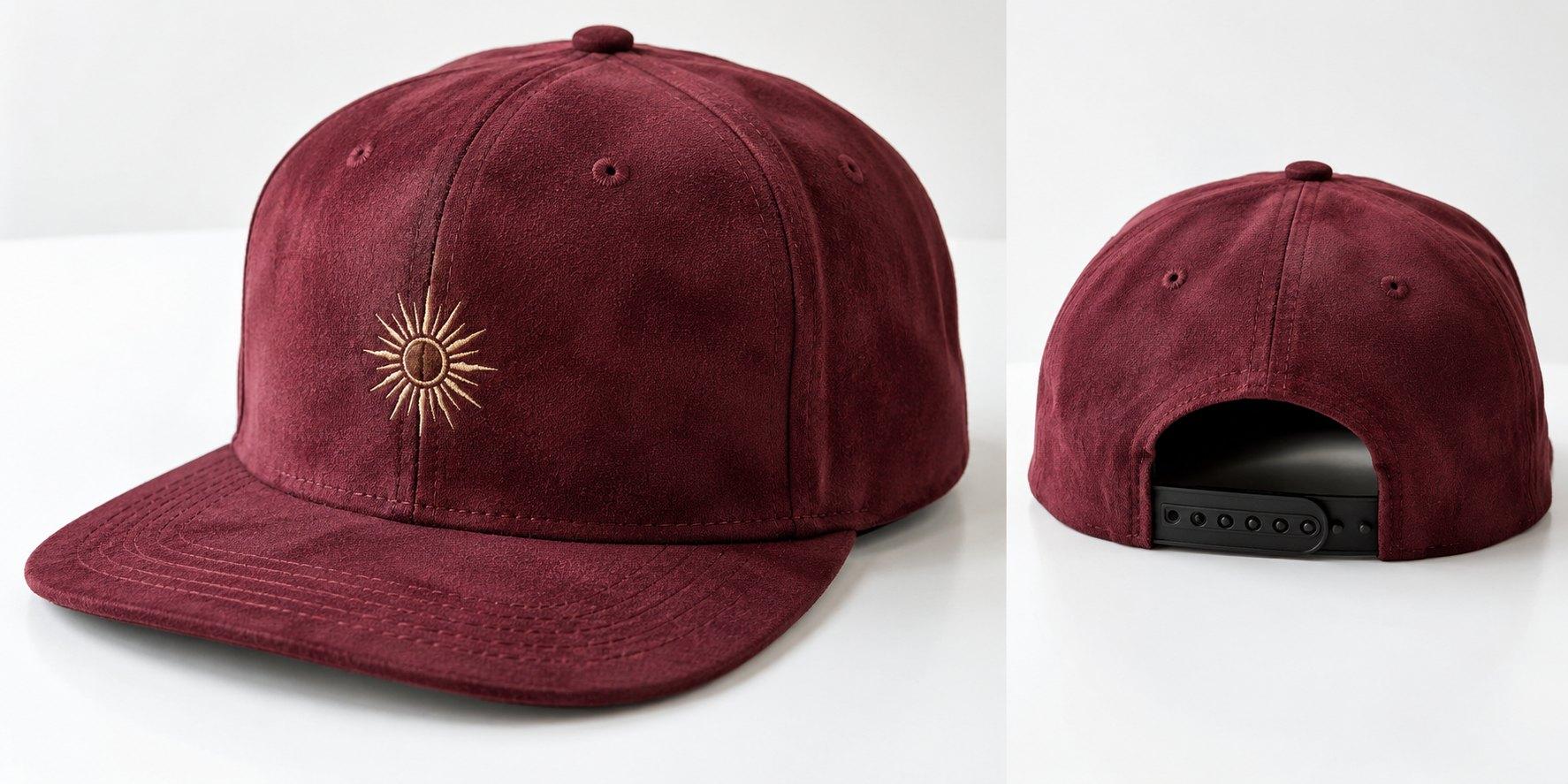 Burgundy suede-look snapback with a small gold embroidered sun, front and back