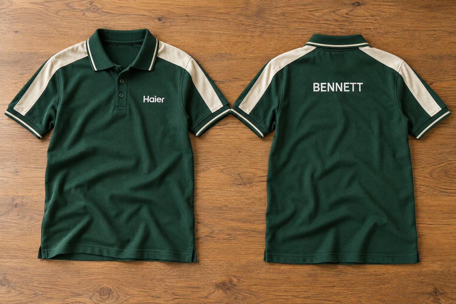 Bottle green polo with cream shoulder panels and tipped collar, Haier logo on the chest and a name across the back