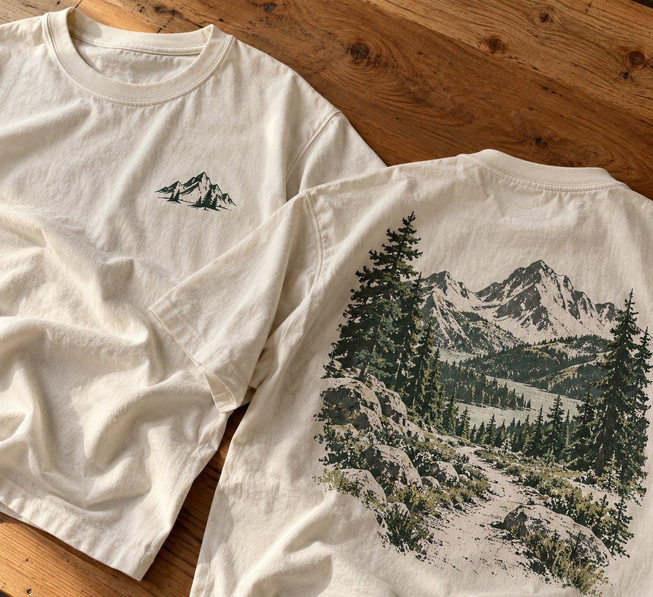 Natural tee with a small mountain on the chest and a mountain trail scene across the back