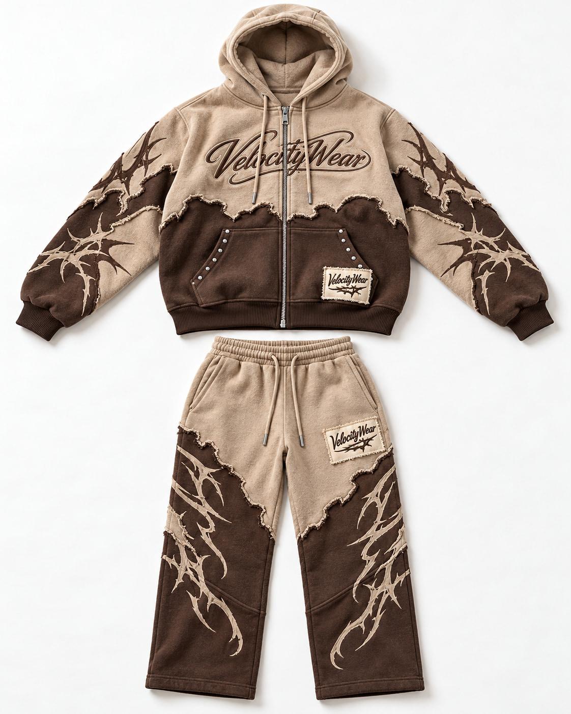 Sand Distressed premium tracksuit, front view (PT-06)