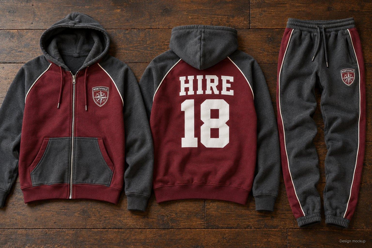 Maroon and grey team zip hoodie with a crest and printed name and number, and matching joggers