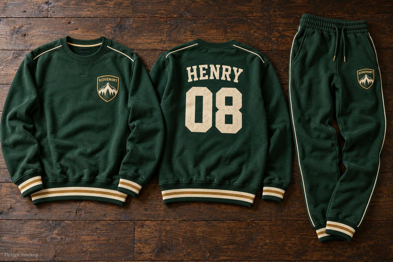 Green team sweatshirt with a crest and printed name and number, and matching piped joggers