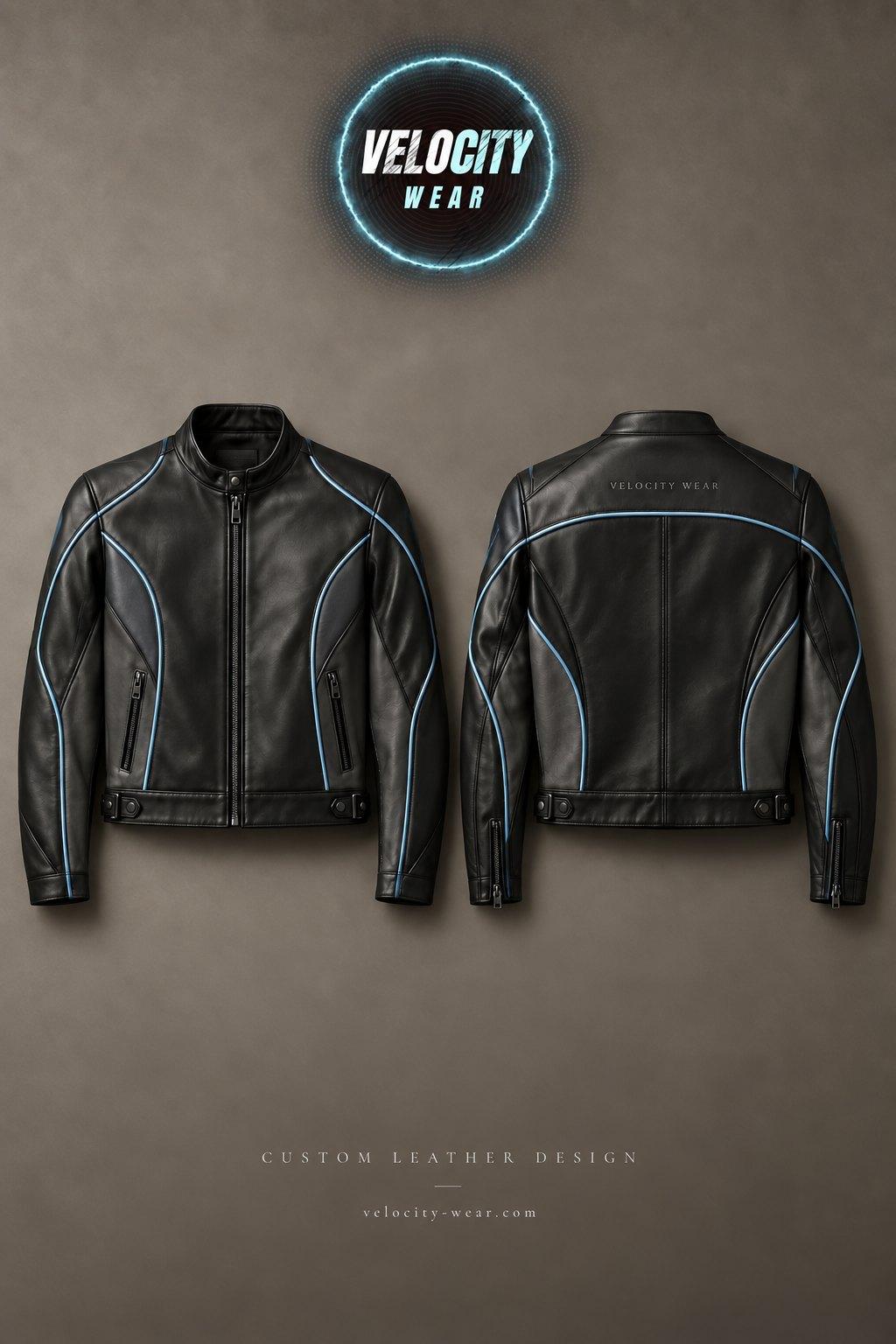 Black leather racer jacket with blue piping and Velocity Wear across the back, on a Velocity Wear custom leather design sheet