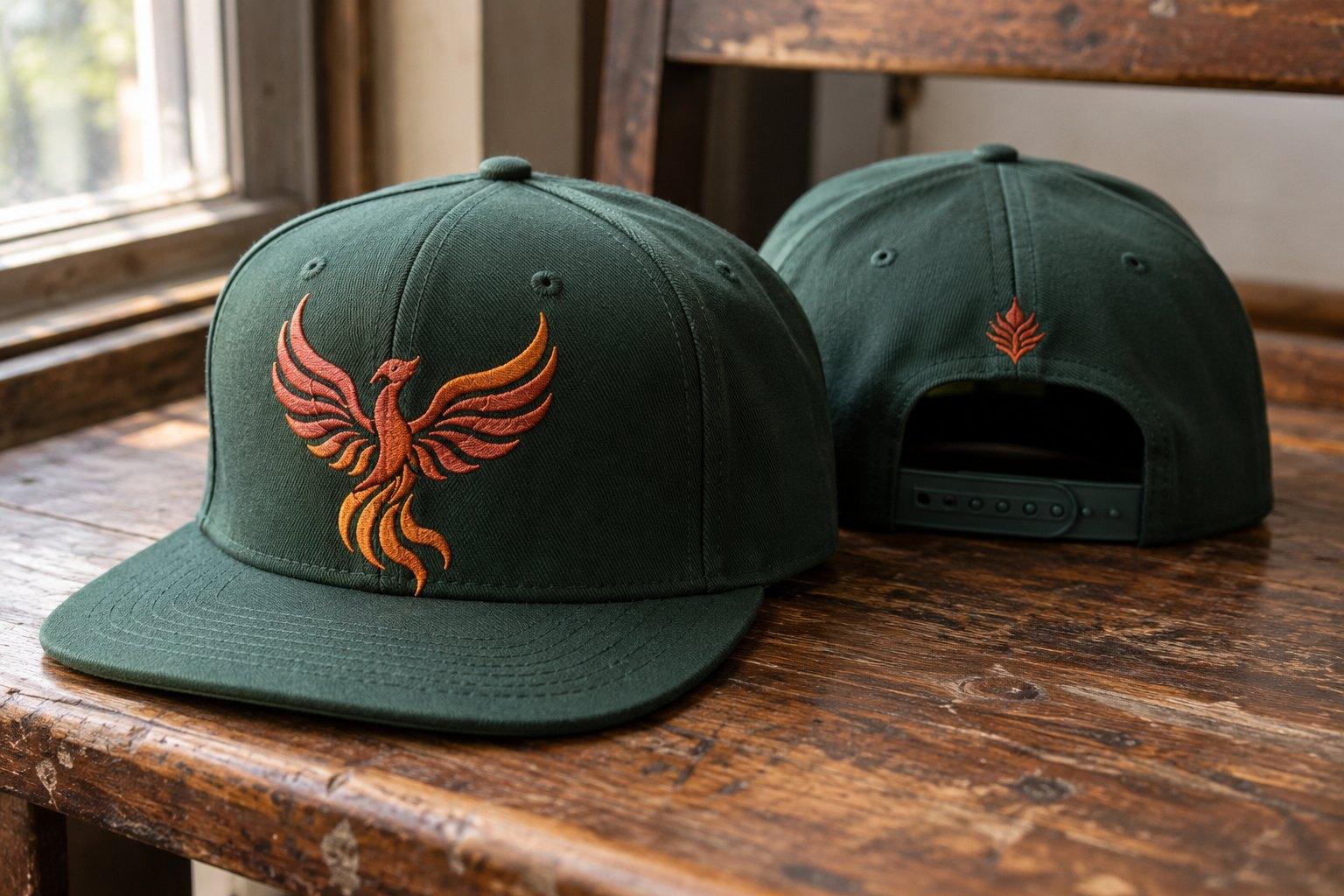 Forest green snapback with an orange embroidered phoenix and a small flame mark on the back, front and back