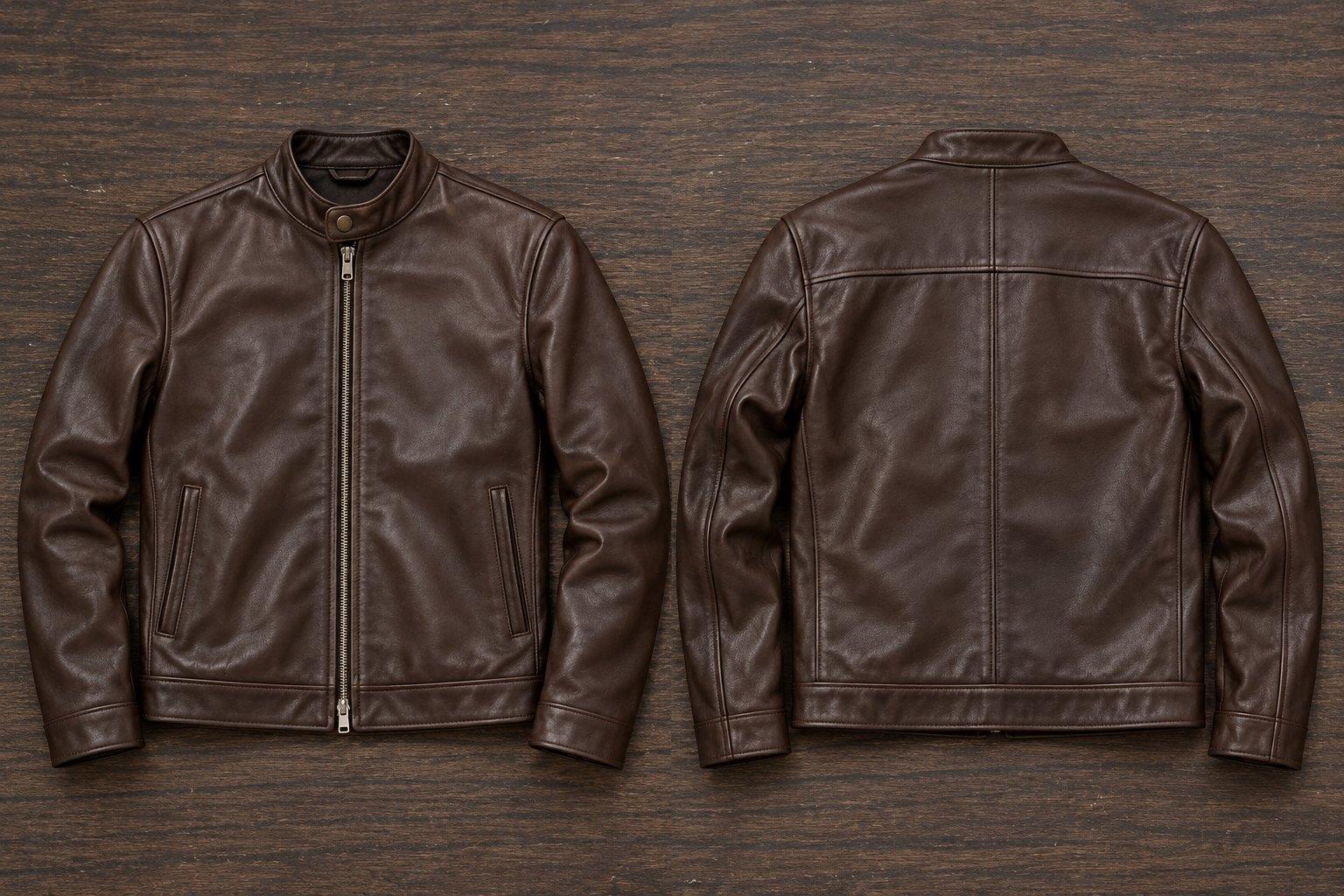 Black leather varsity jacket with striped rib trims, embroidered wings on the chest and a large pair across the back