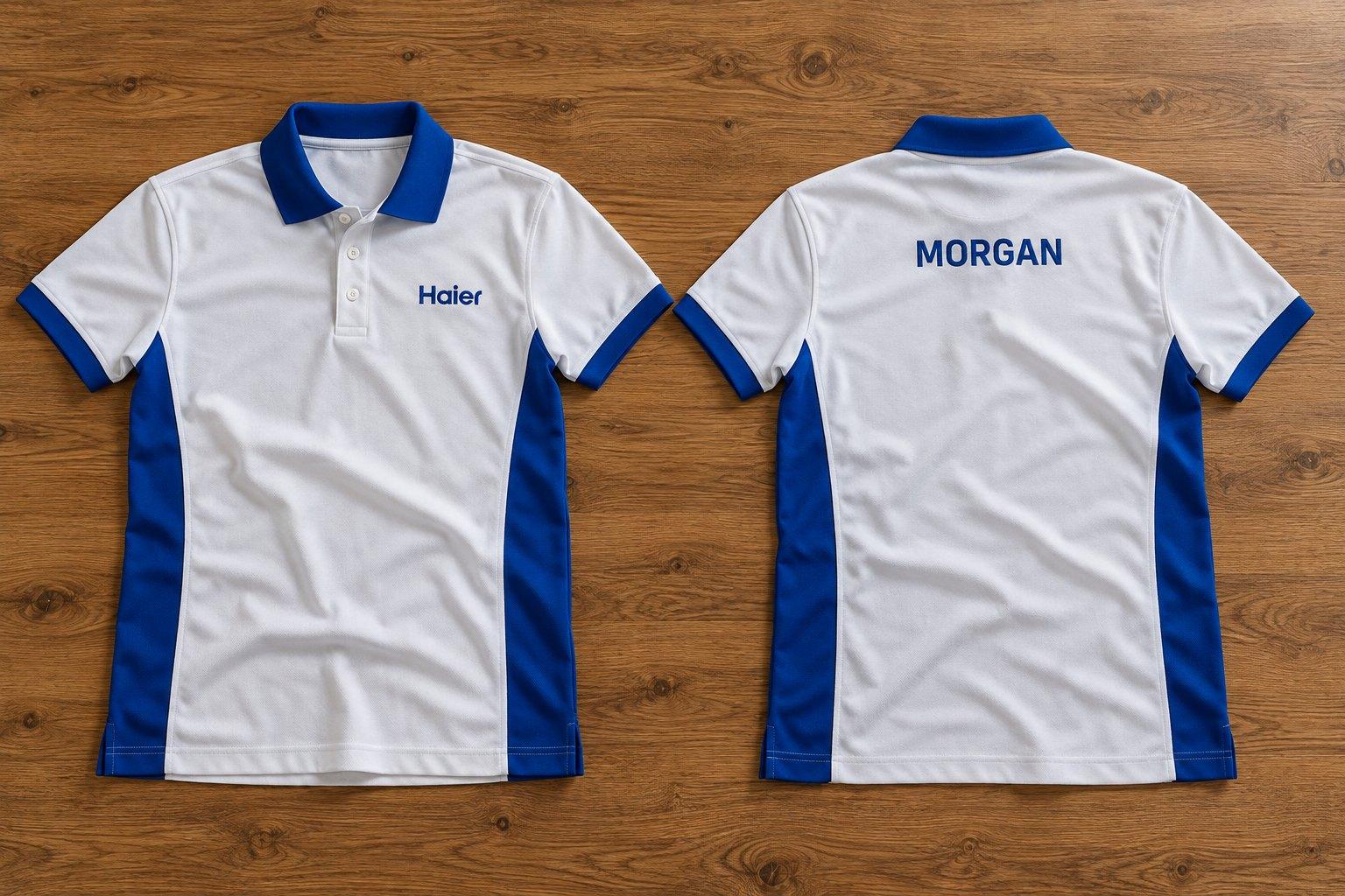 White polo with royal blue collar, cuffs and side panels, Haier logo on the chest and a name printed across the back