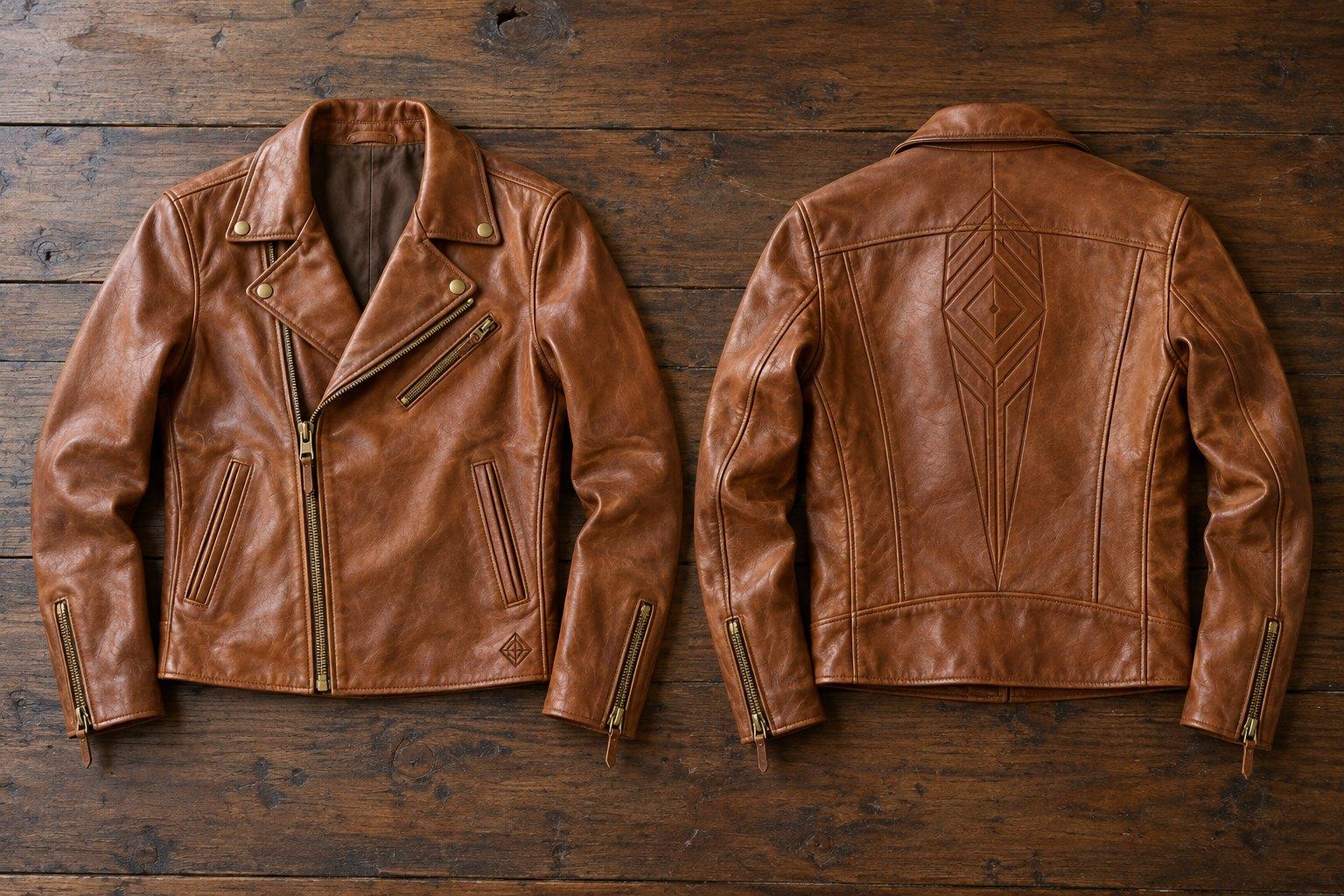 Tan leather biker jacket with brass zips, a small embossed mark on the front and an embossed geometric design down the back