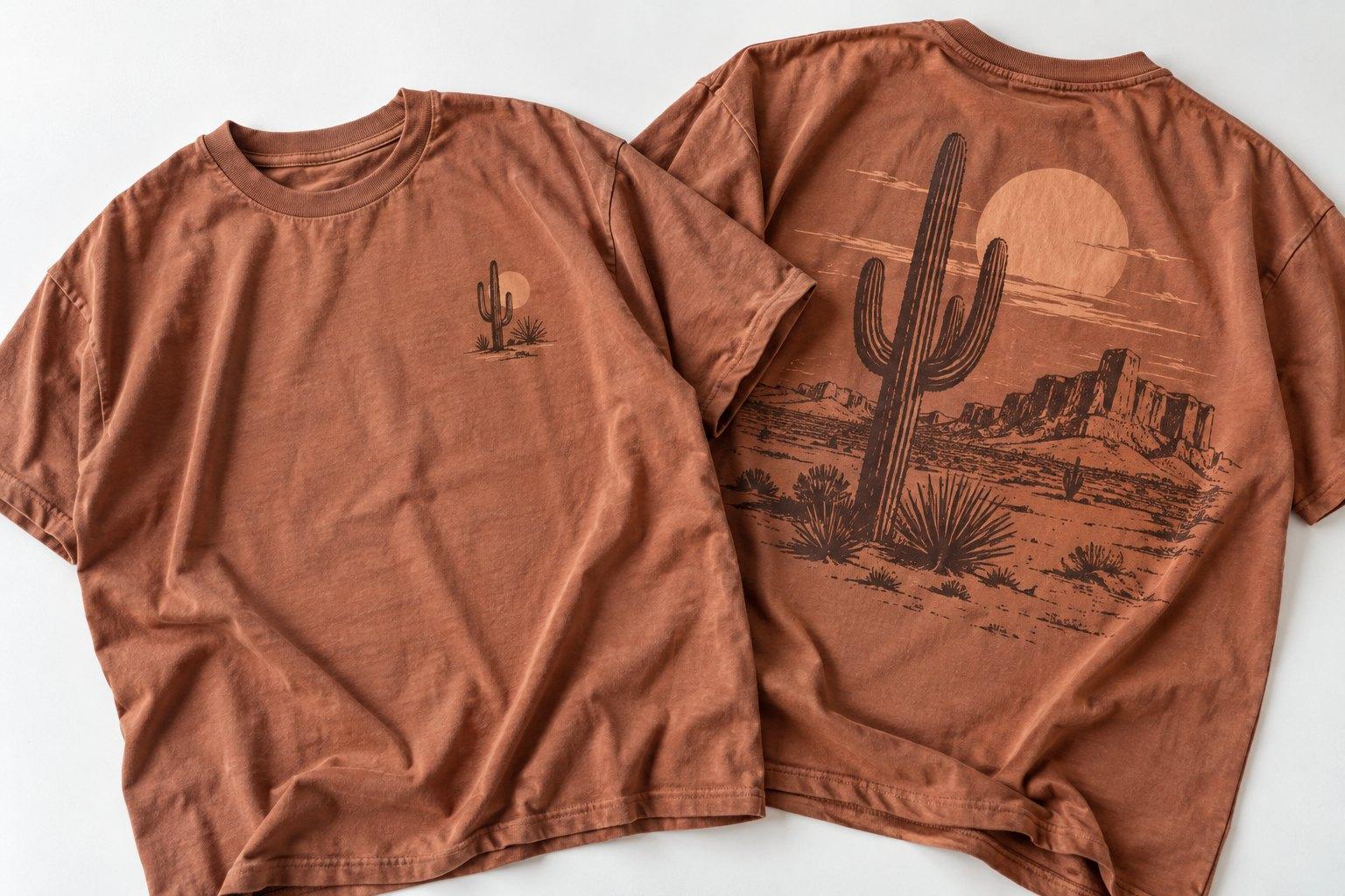 Terracotta tee, front and back, with a small cactus on the chest and a desert scene with a saguaro across the back