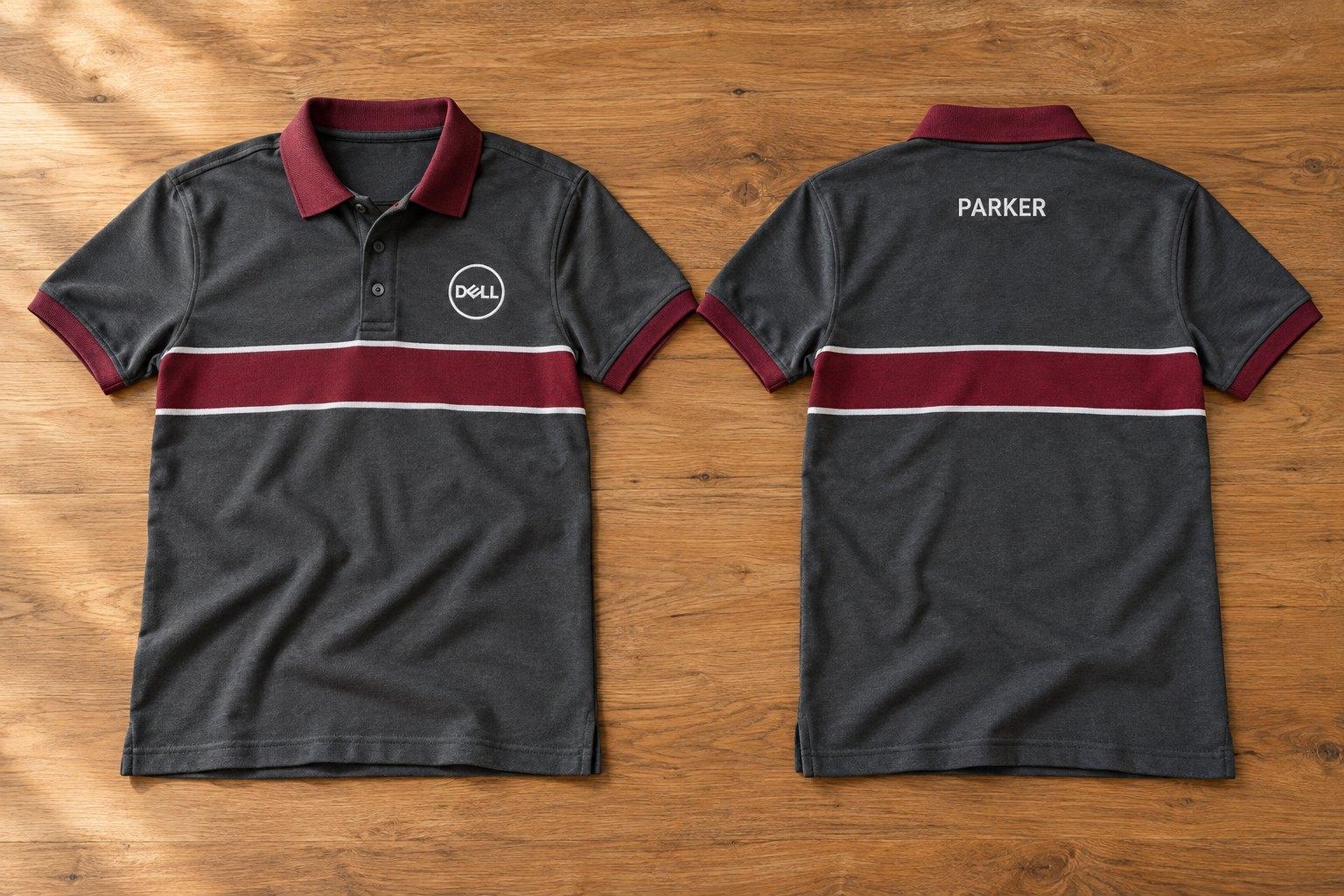 Charcoal polo with a burgundy chest band, collar and cuffs, Dell logo on the chest and a name across the back