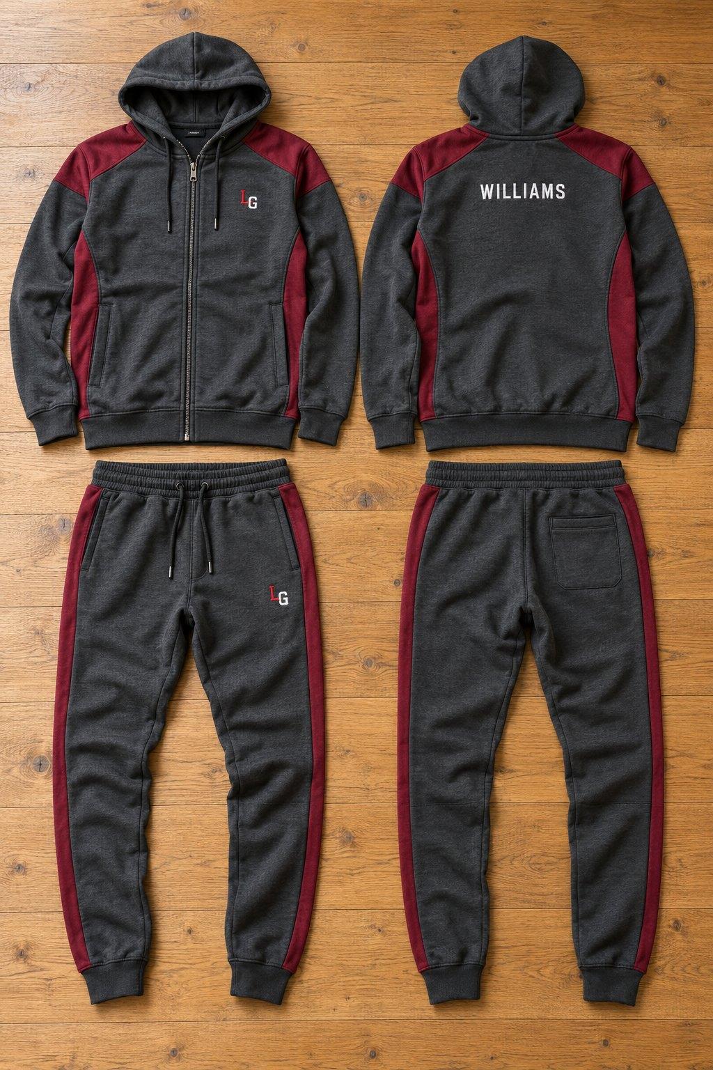 Charcoal zip hoodie tracksuit with burgundy shoulder and side panels, LG logo on the chest and leg and a name across the back