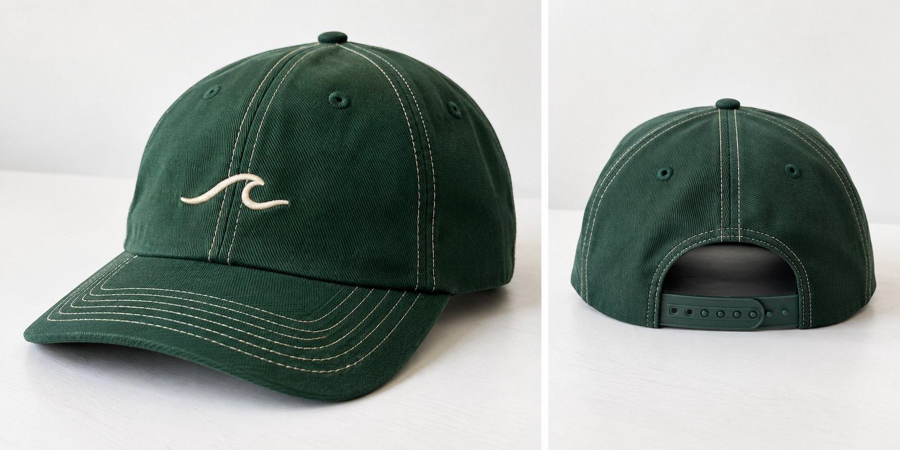 Forest green dad cap with contrast stitching and an embroidered cream wave, front and back