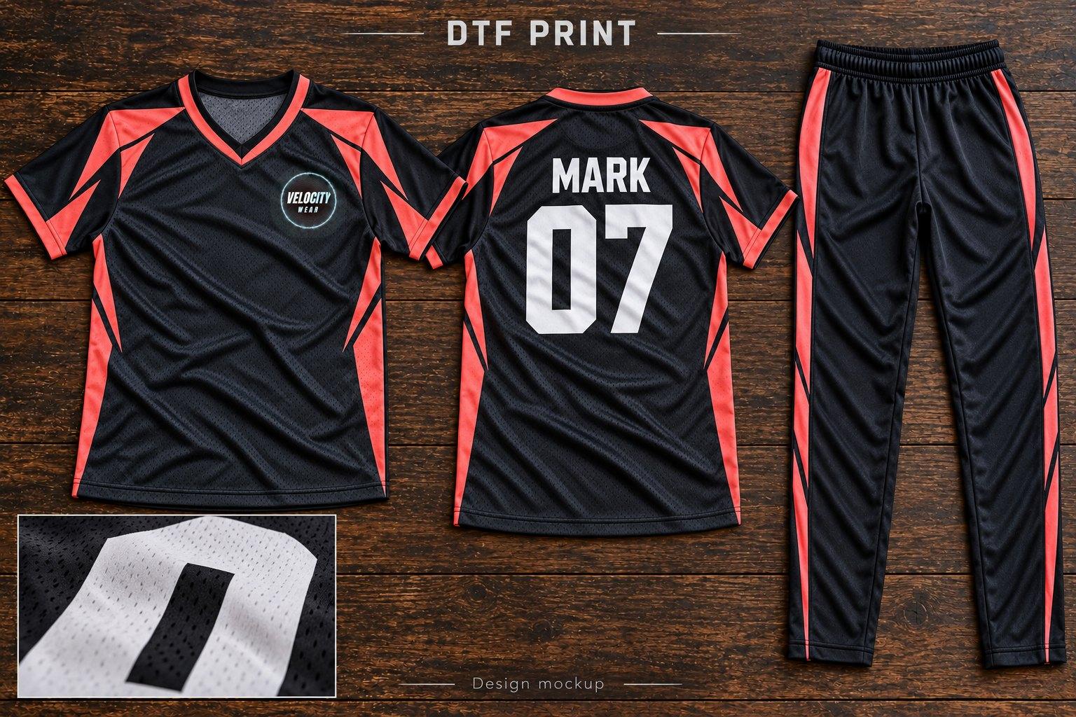 Black and coral V-neck sports jersey with a DTF-printed name and number, and matching striped trousers