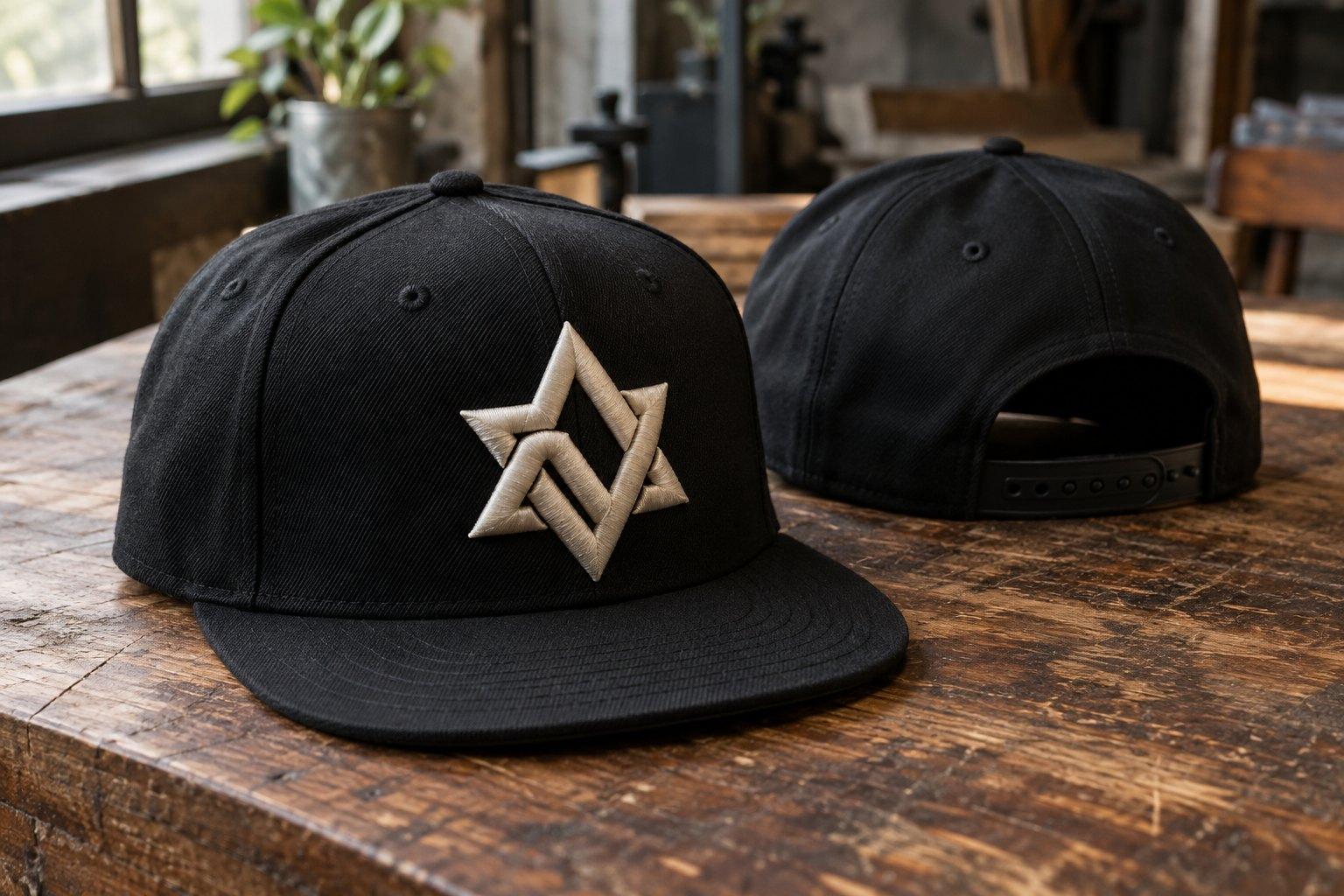 Black snapback with a raised 3D embroidered knotted star in stone thread, front and back