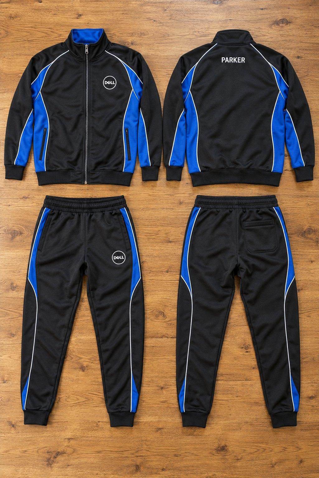 Black track jacket and joggers with royal blue panels and white piping, Dell logo on the chest and leg and a name across the back