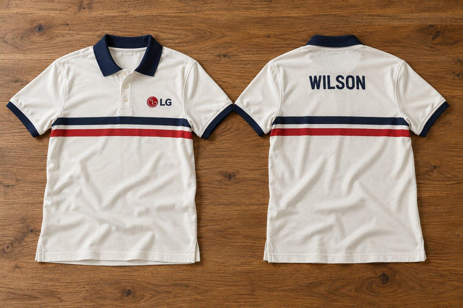 White polo with a navy and red chest stripe and navy collar, LG logo on the chest and a name across the back