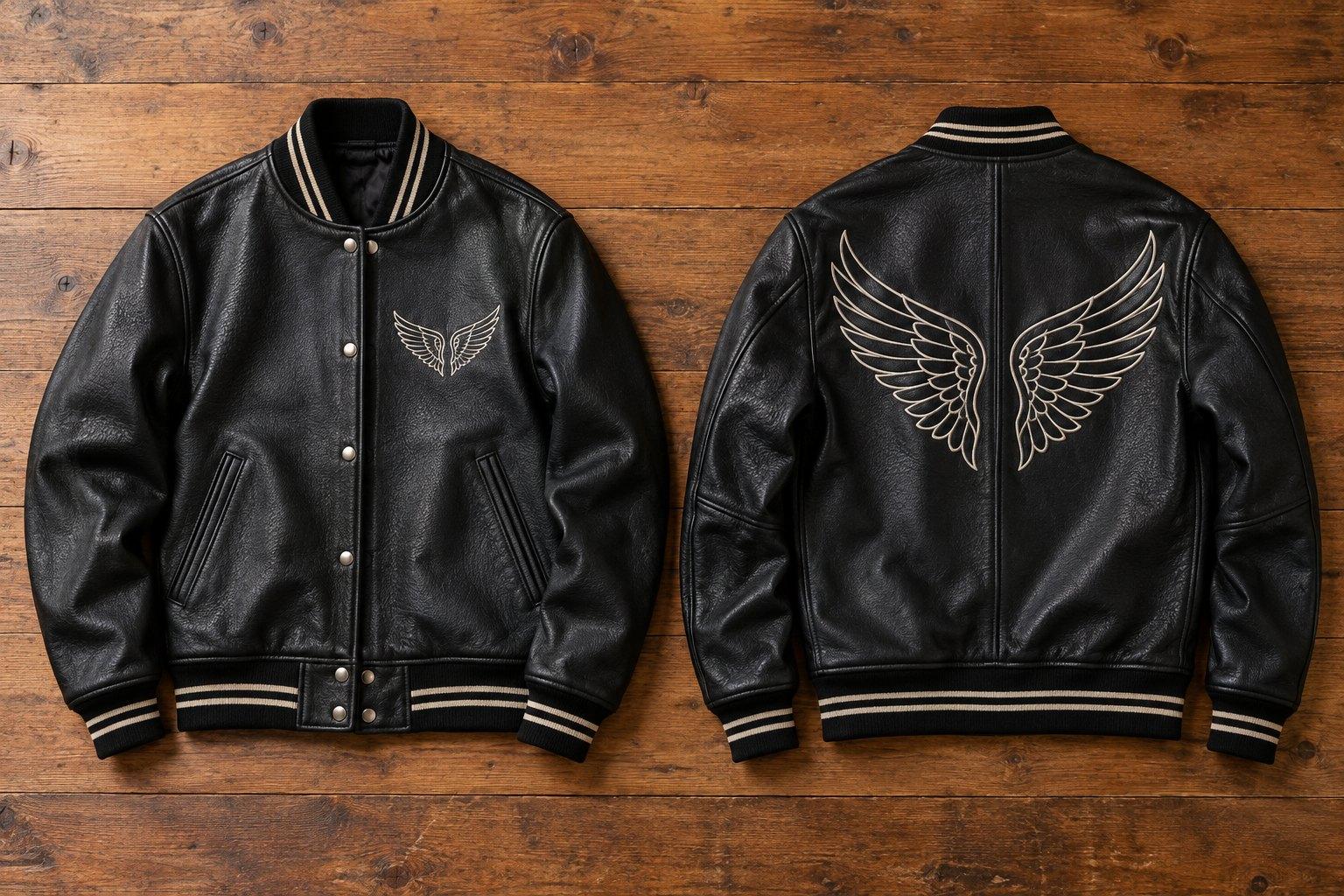 Dark brown leather cafe racer jacket with a snap collar, front and back