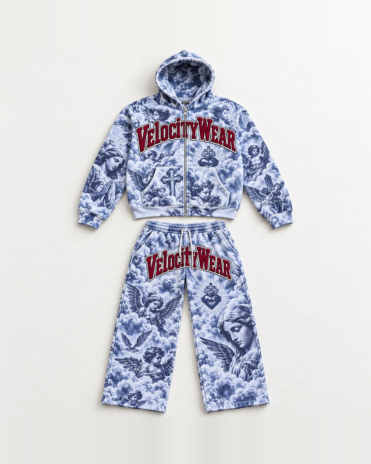 Ice Blue Collage premium tracksuit, front view (PT-04)