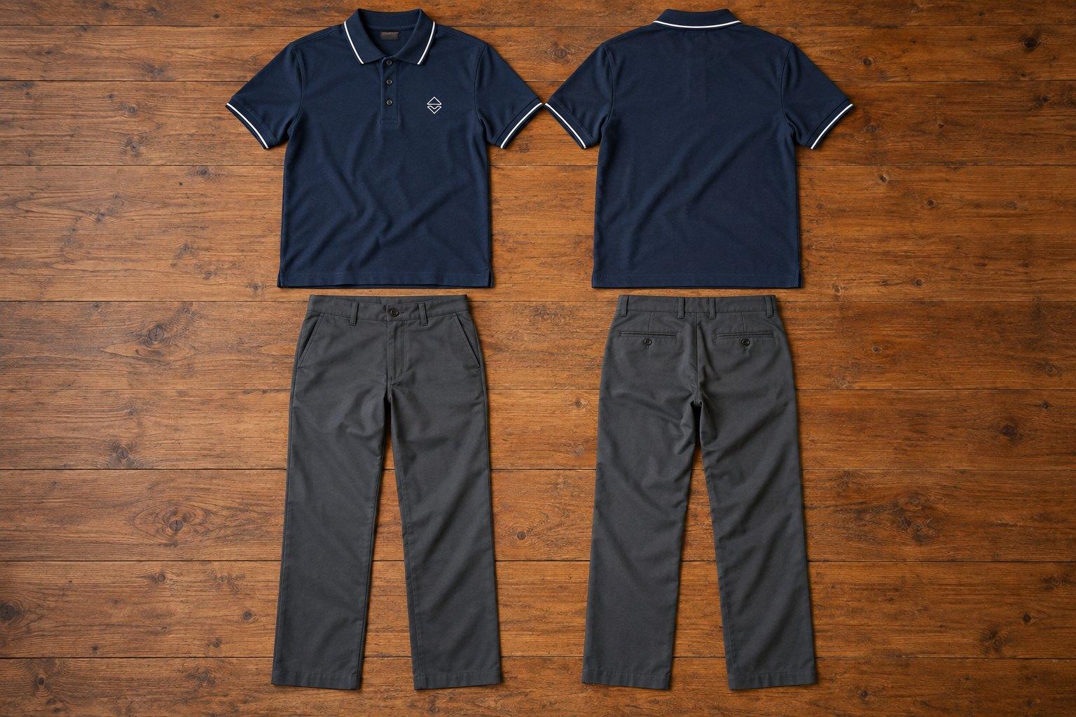 Corporate uniform set: navy tipped polo with an embroidered chest logo and charcoal chino trousers, front and back