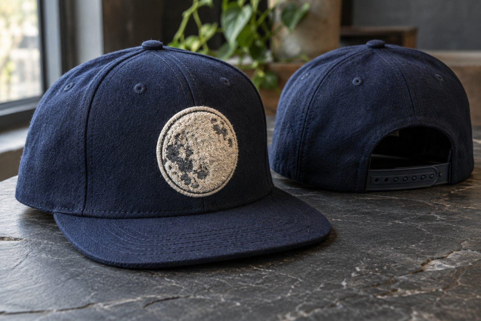 Navy wool snapback with an embroidered full moon patch, front and back