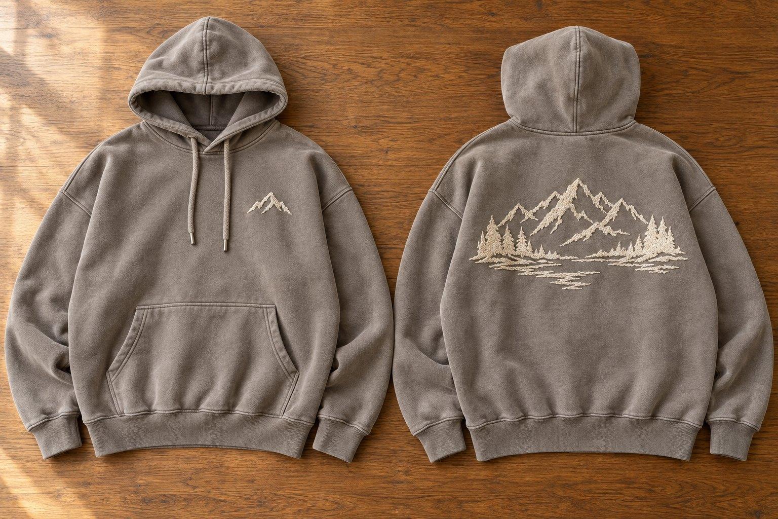 Washed grey oversized hoodie, front and back, with an embroidered mountain scene across the back