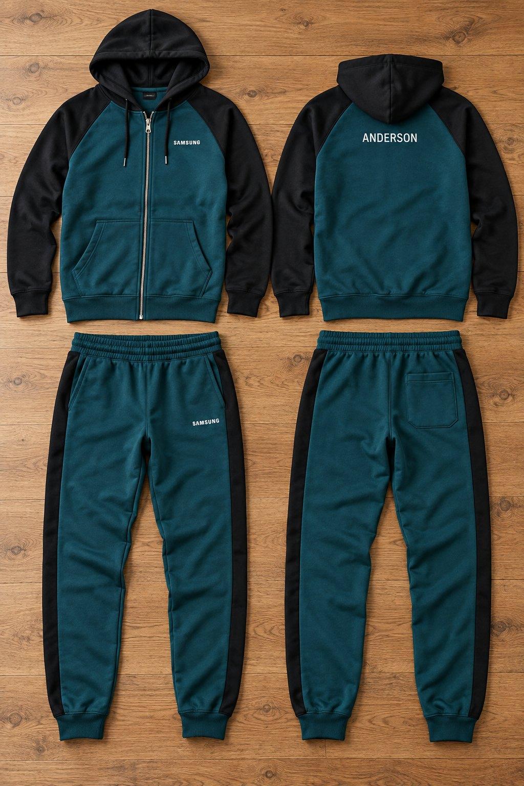 Teal zip hoodie tracksuit with black raglan sleeves and side panels, Samsung logo on the chest and leg and a name across the back
