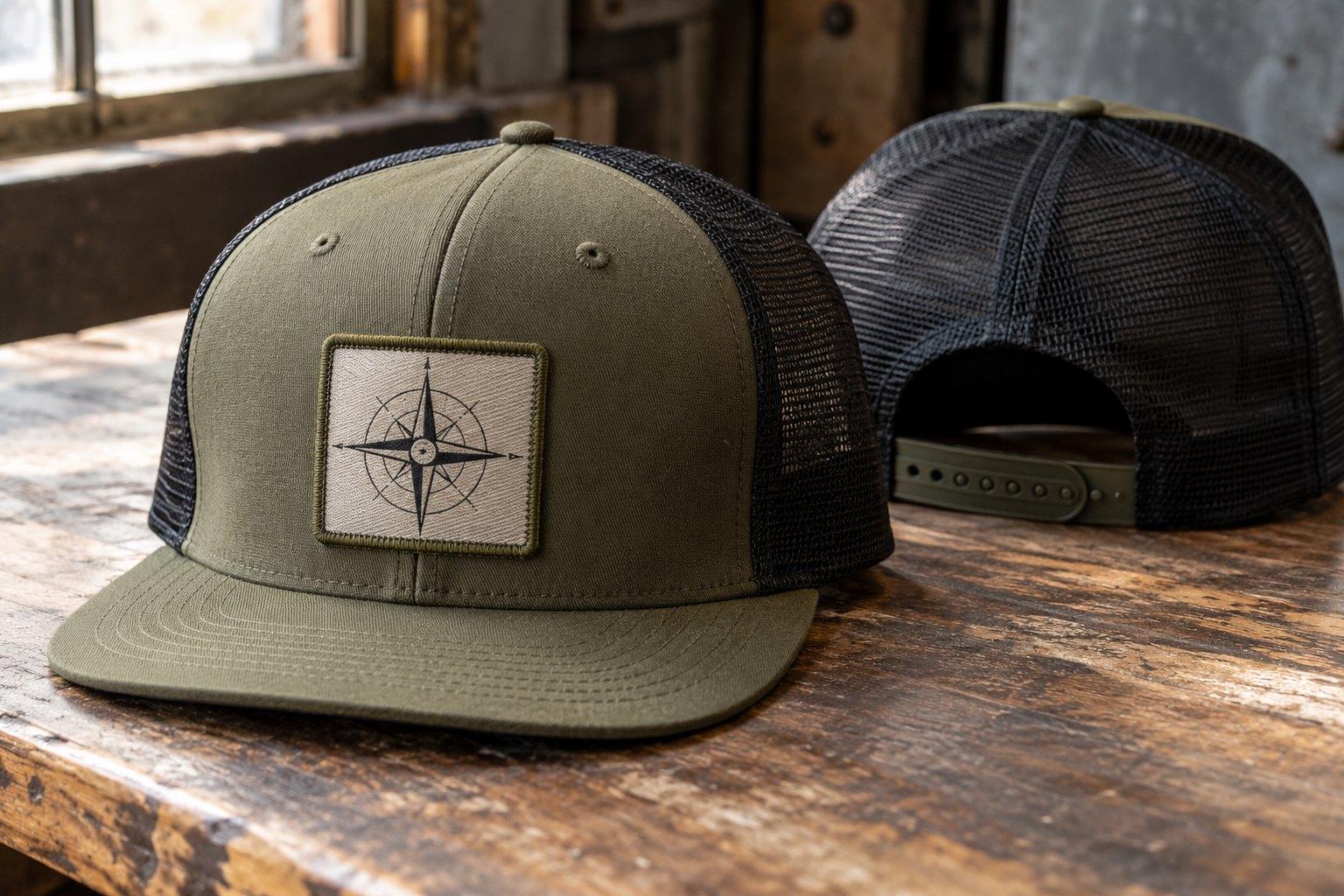 Olive and black mesh trucker cap with a woven compass patch, front and back