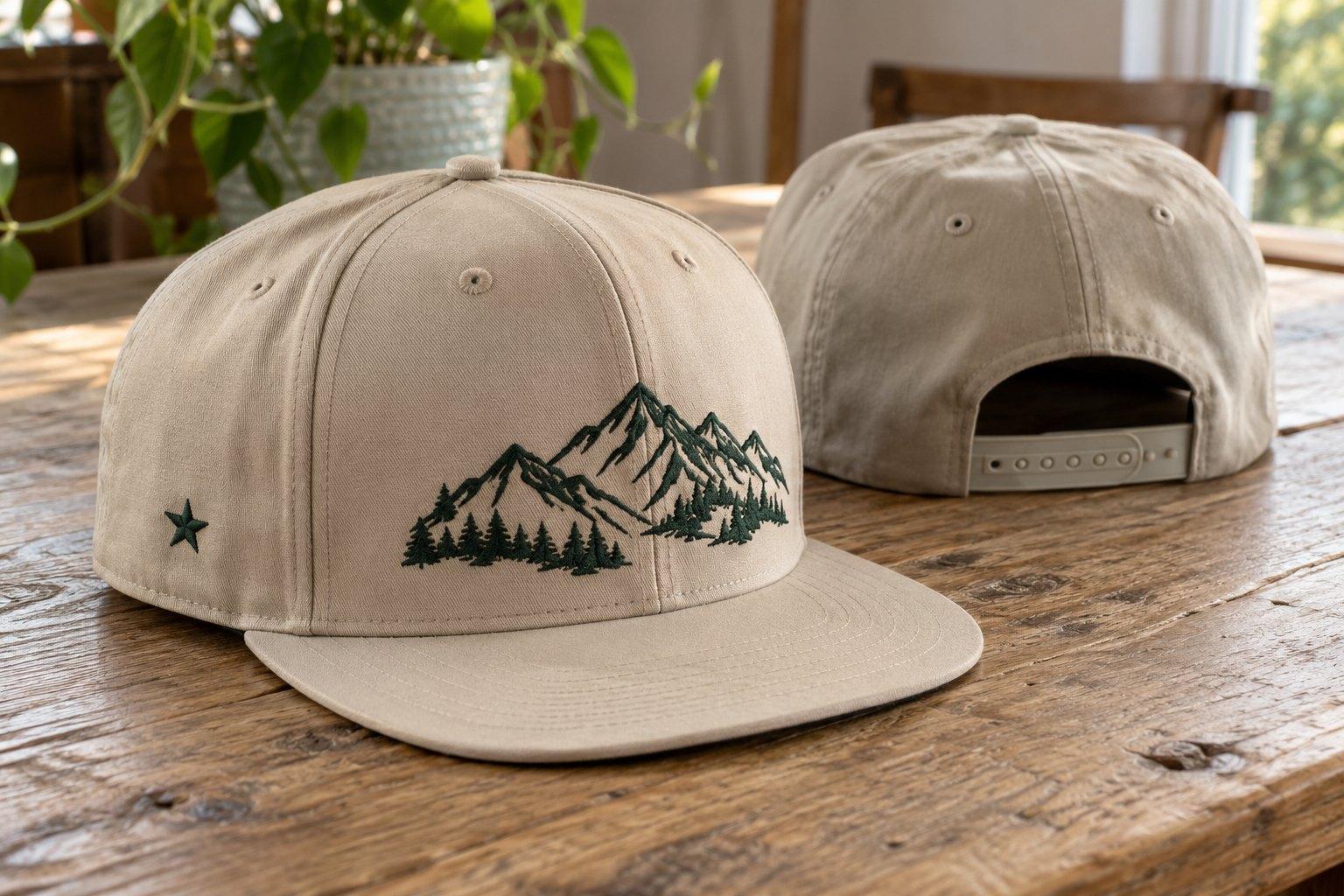 Stone snapback with green embroidered mountains and pines and a small side star, front and back