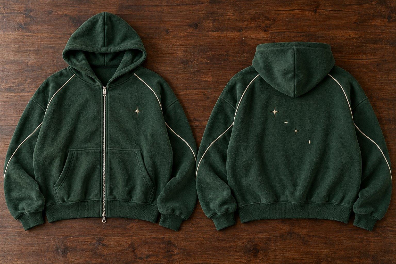 Forest green oversized zip hoodie, front and back, with cream piping and star details