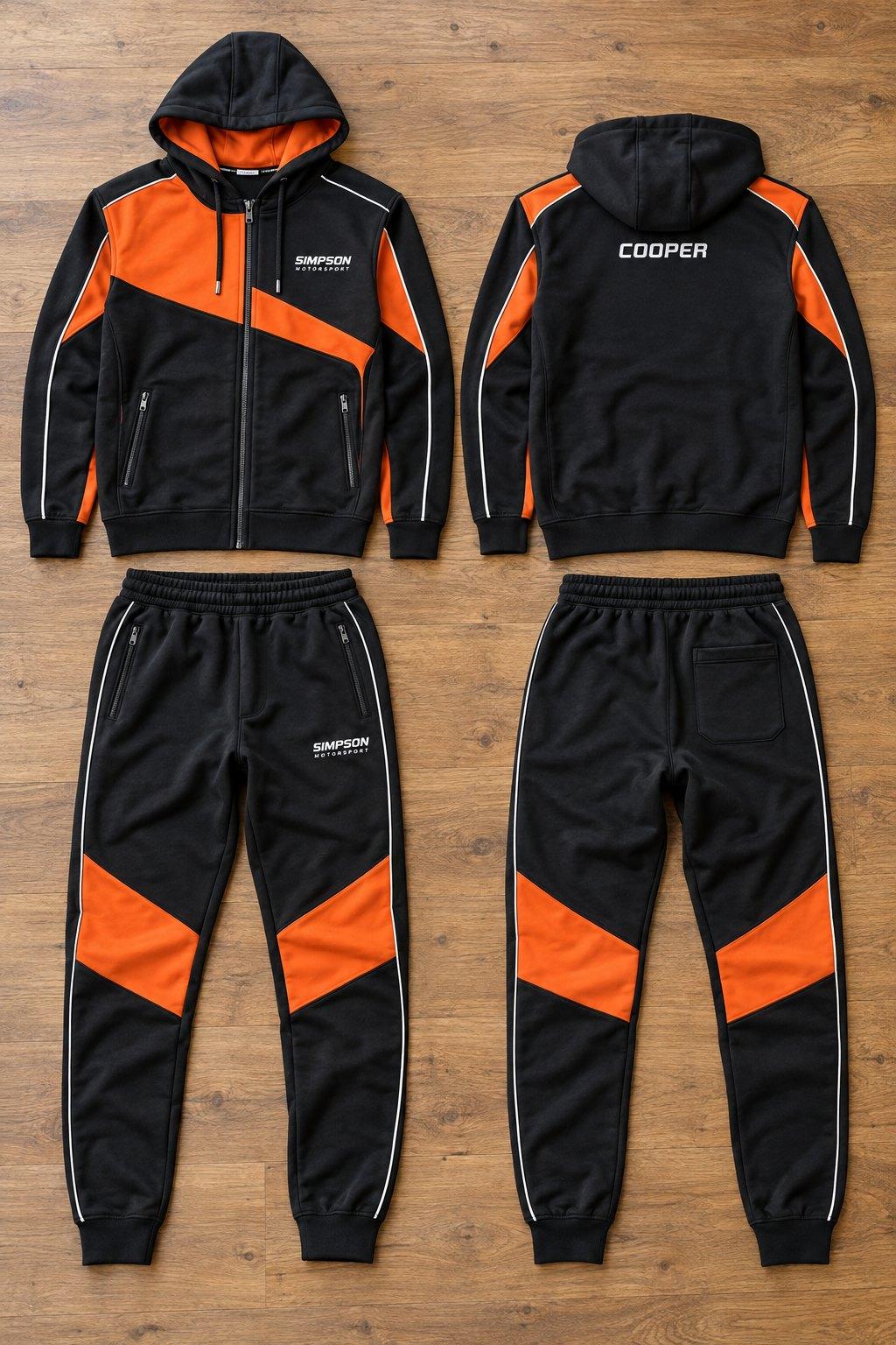 Black and orange zip hoodie tracksuit with white piping, Simpson Motorsport logo on the chest and leg and a name across the back