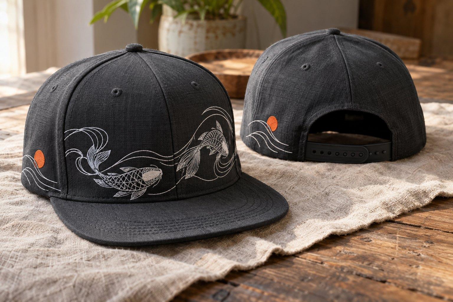 Charcoal linen-look snapback with white embroidered koi and waves wrapping the crown, front and back