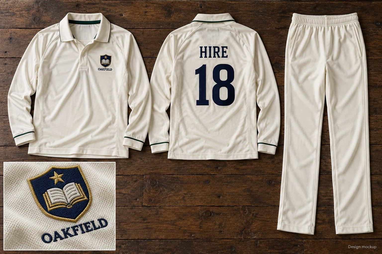 Cream long-sleeve cricket shirt with an embroidered school crest and name and number, and matching cream trousers