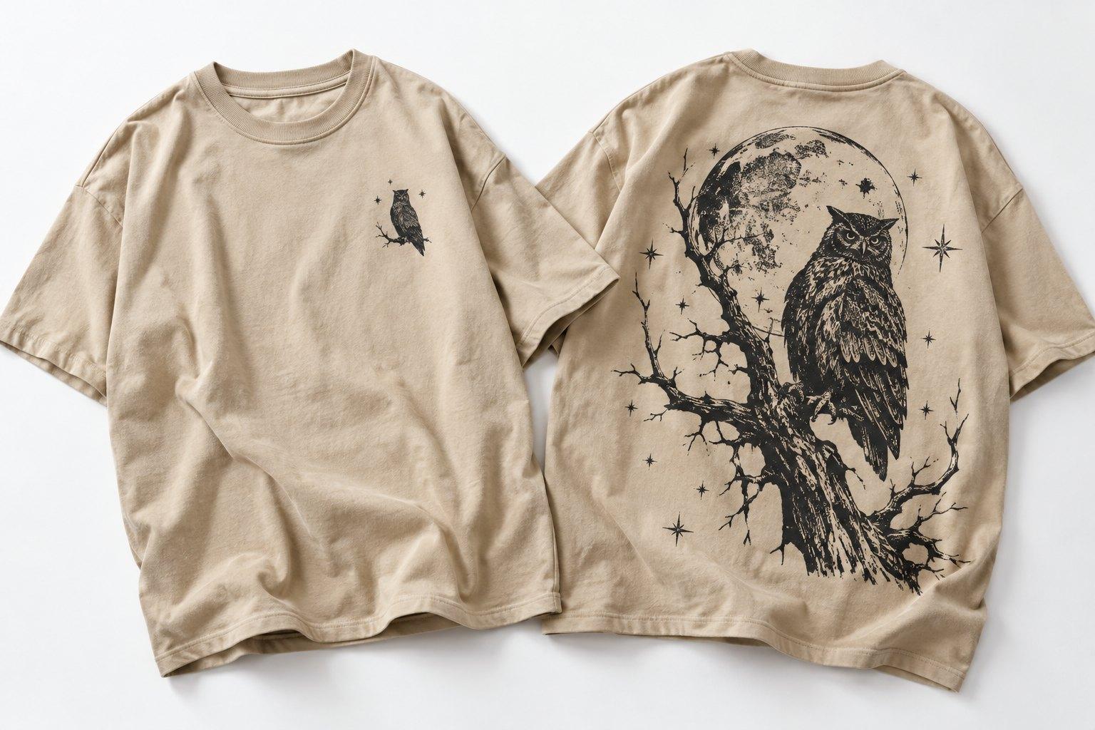 Sand tee, front and back, with a small owl on the chest and an owl on a branch against the moon across the back