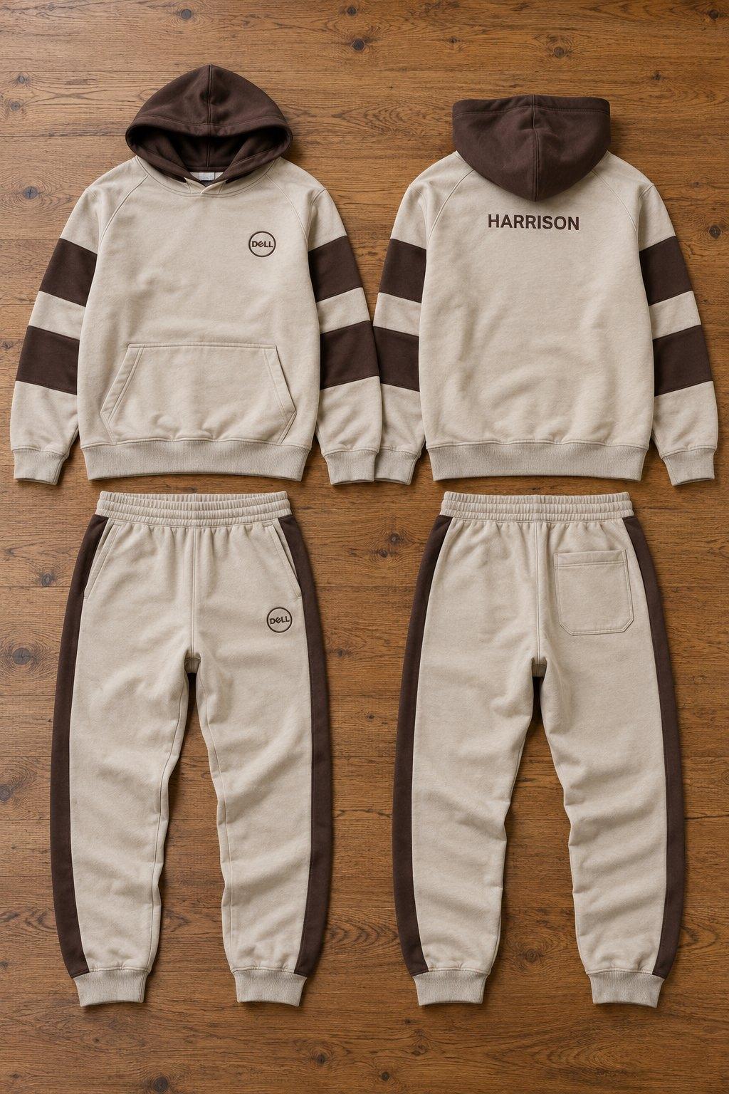 Stone hoodie tracksuit with a brown hood, sleeve bands and side panels, Dell logo on the chest and leg and a name across the back