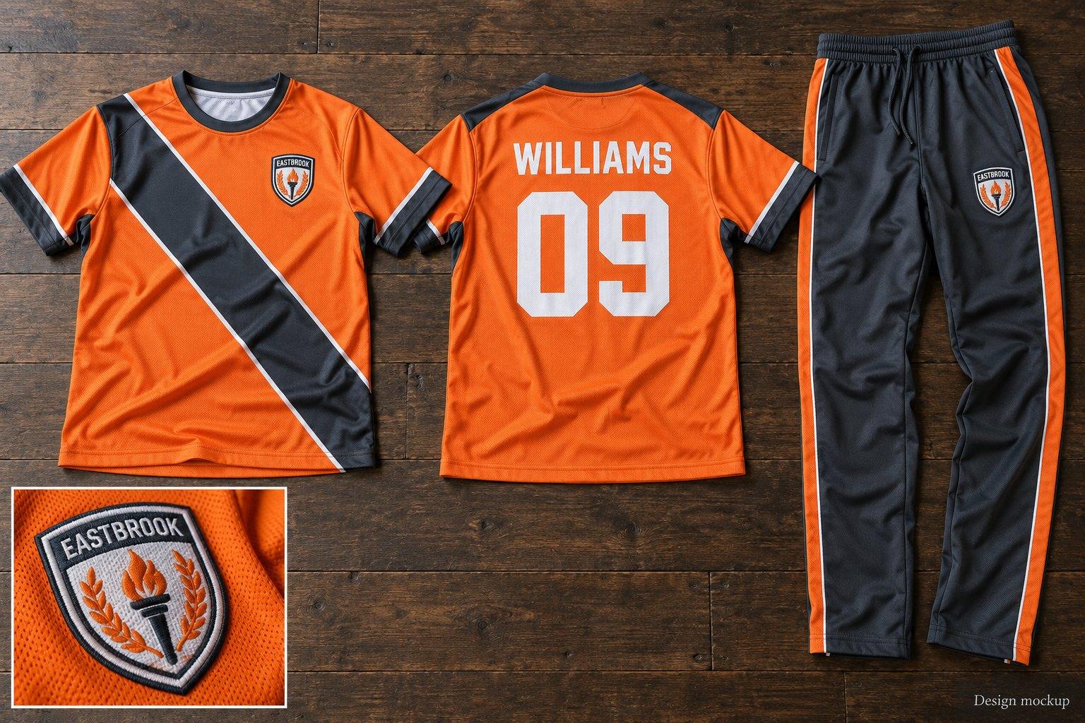 Orange and charcoal team jersey with a diagonal sash, club crest and printed name and number, and matching trousers