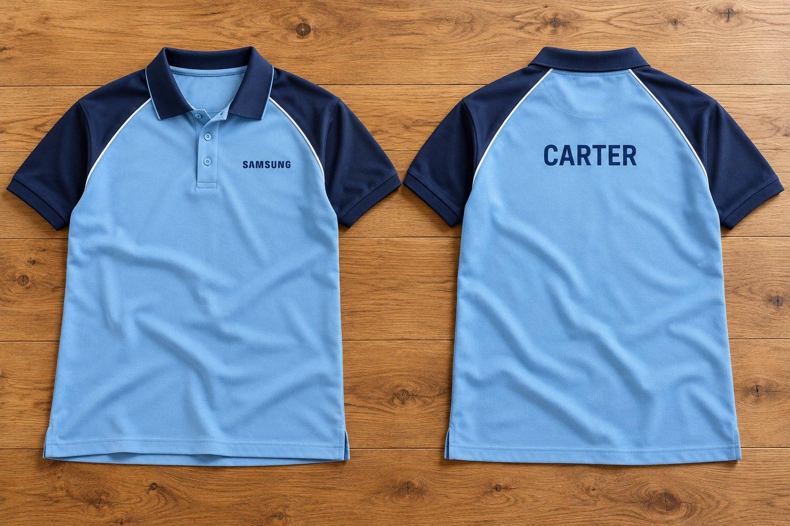 Sky blue polo with navy raglan sleeves and collar, Samsung logo on the chest and a name across the back