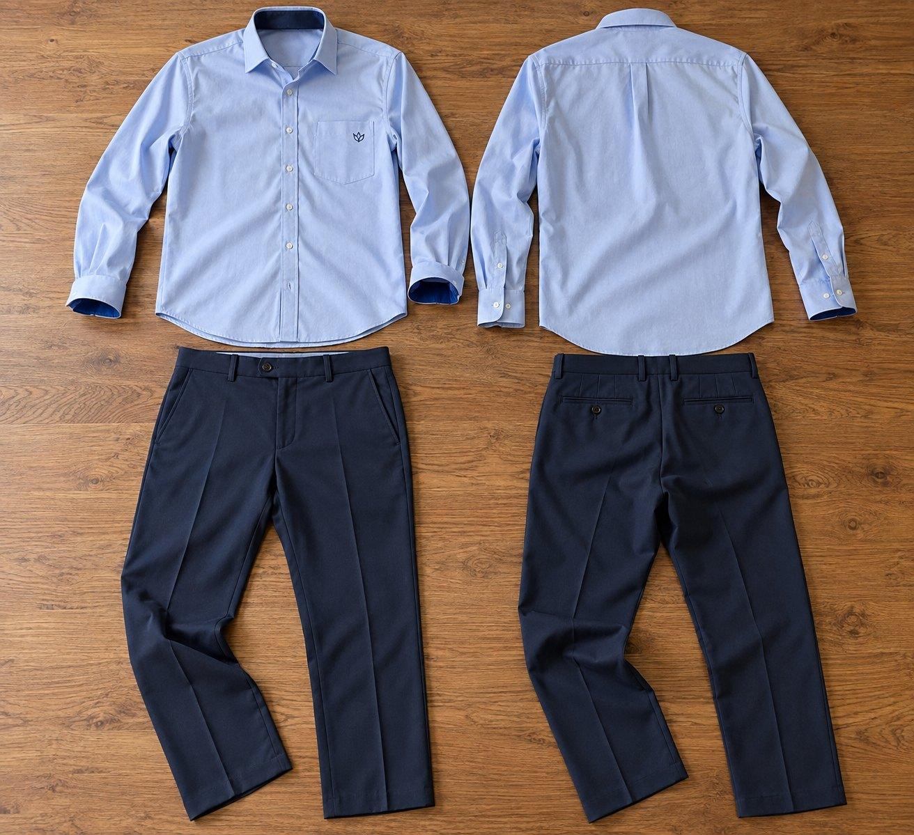 Corporate uniform set: sky blue Oxford shirt with an embroidered pocket logo and navy tailored trousers, front and back