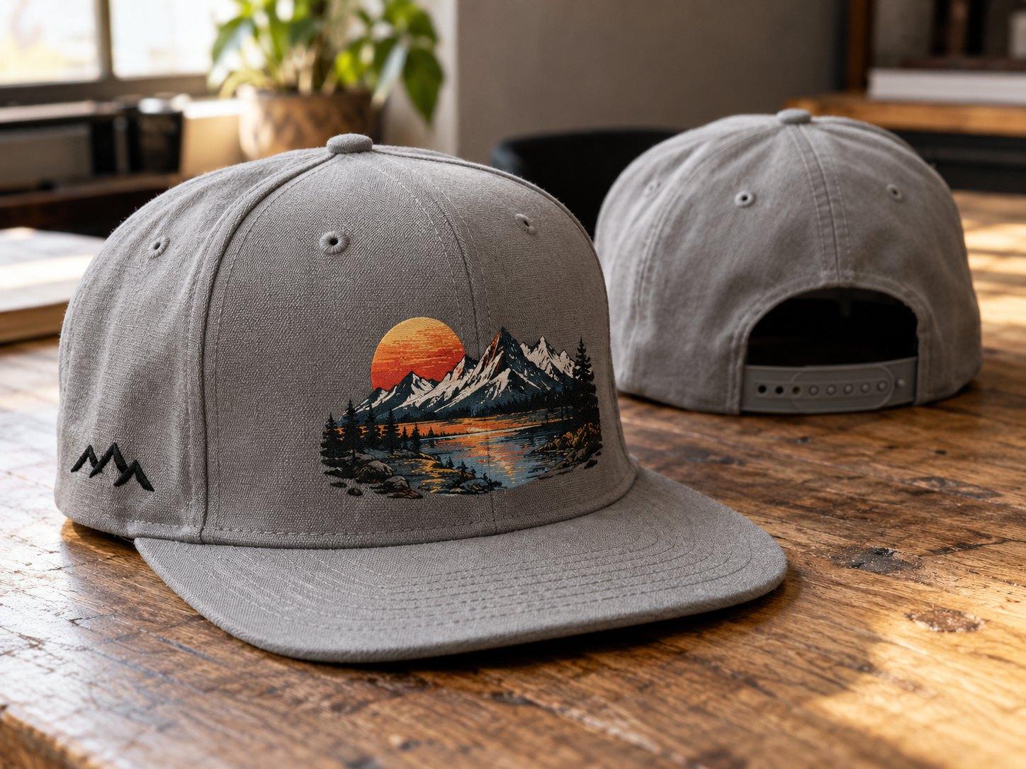 Grey snapback with a mountain lake sunset on the front and a small mountain mark on the side, front and back