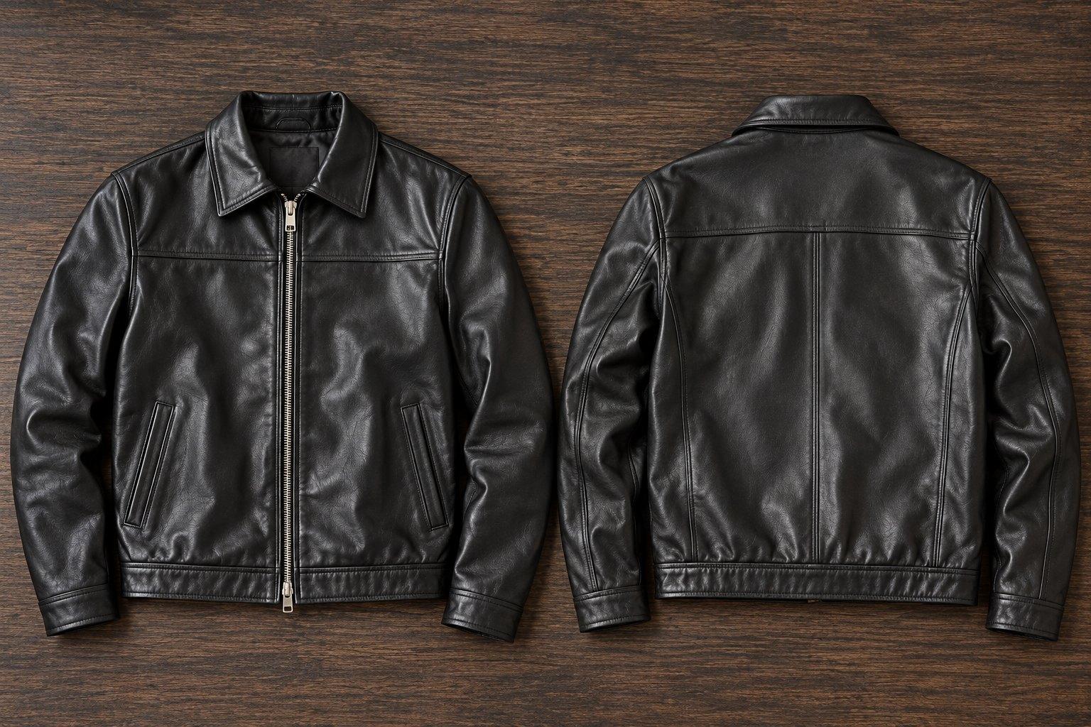 Black leather zip jacket with a shirt collar and welt pockets, front and back