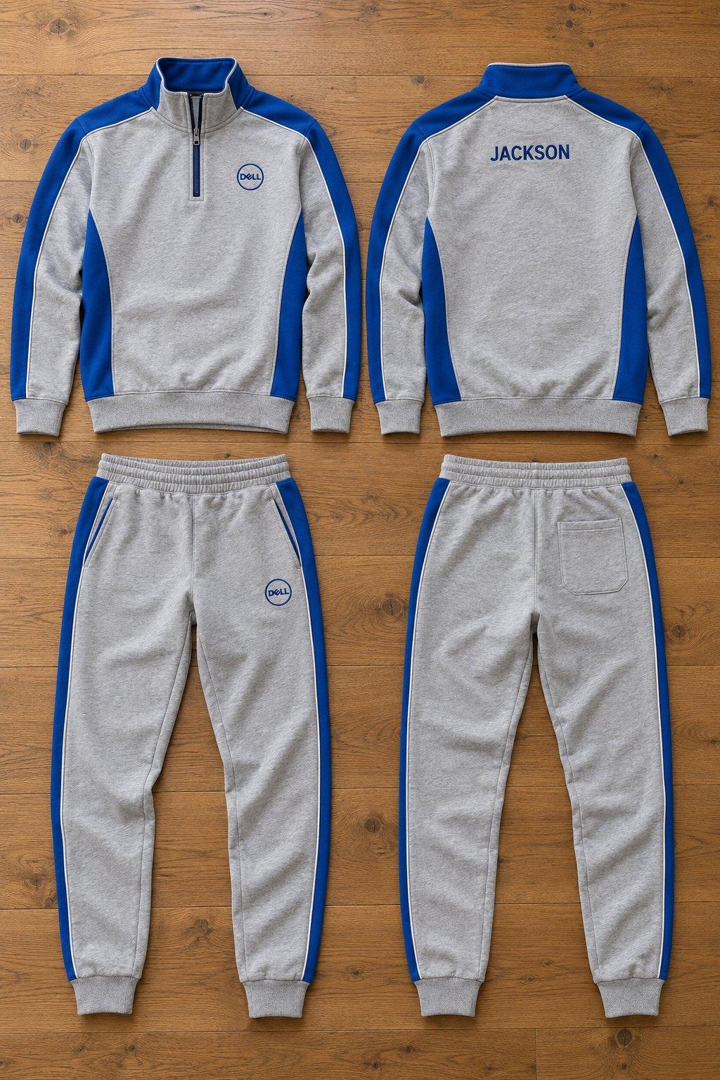 Grey marl quarter-zip tracksuit with royal blue panels and piping, Dell logo on the chest and leg and a name across the back