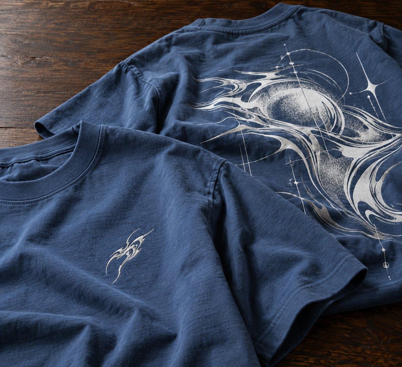 Indigo tee with a small chrome mark on the chest and a large chrome orbit design across the back