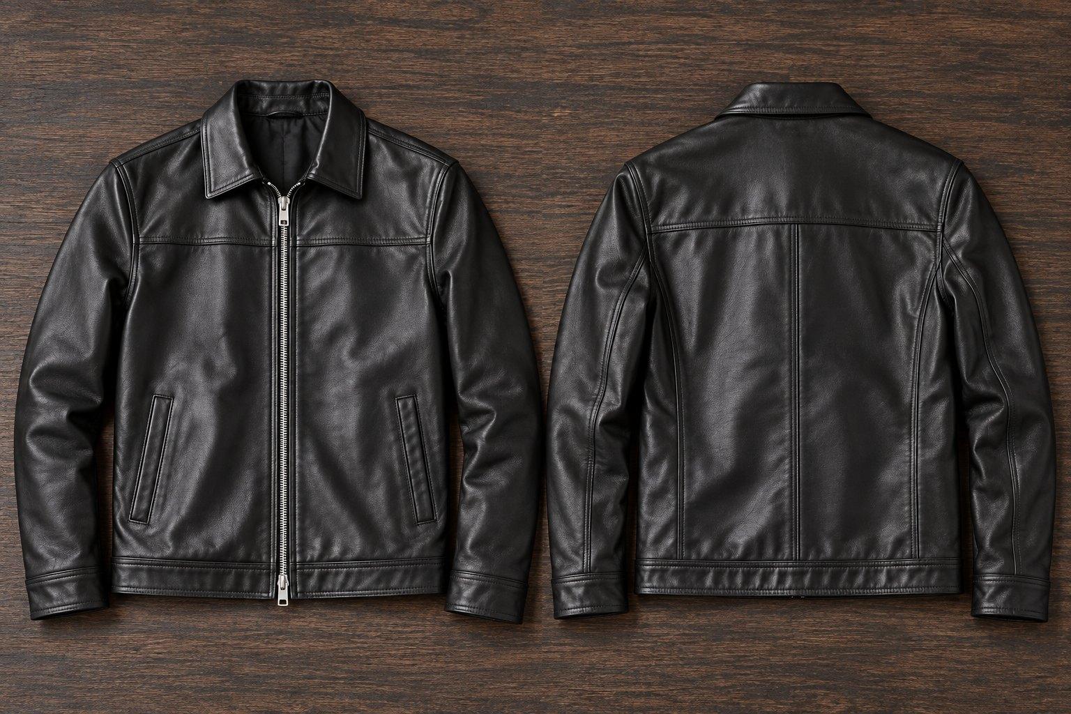 Black leather collared zip jacket with a back yoke and centre seam, front and back