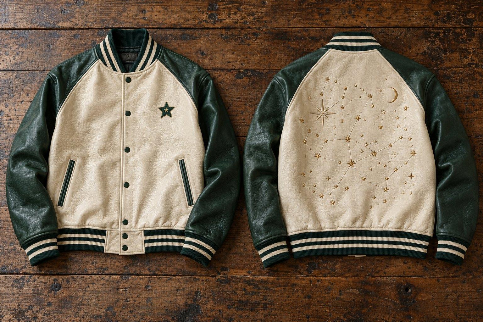 Cream leather varsity jacket with bottle green sleeves, a star on the chest and an embroidered gold constellation across the back