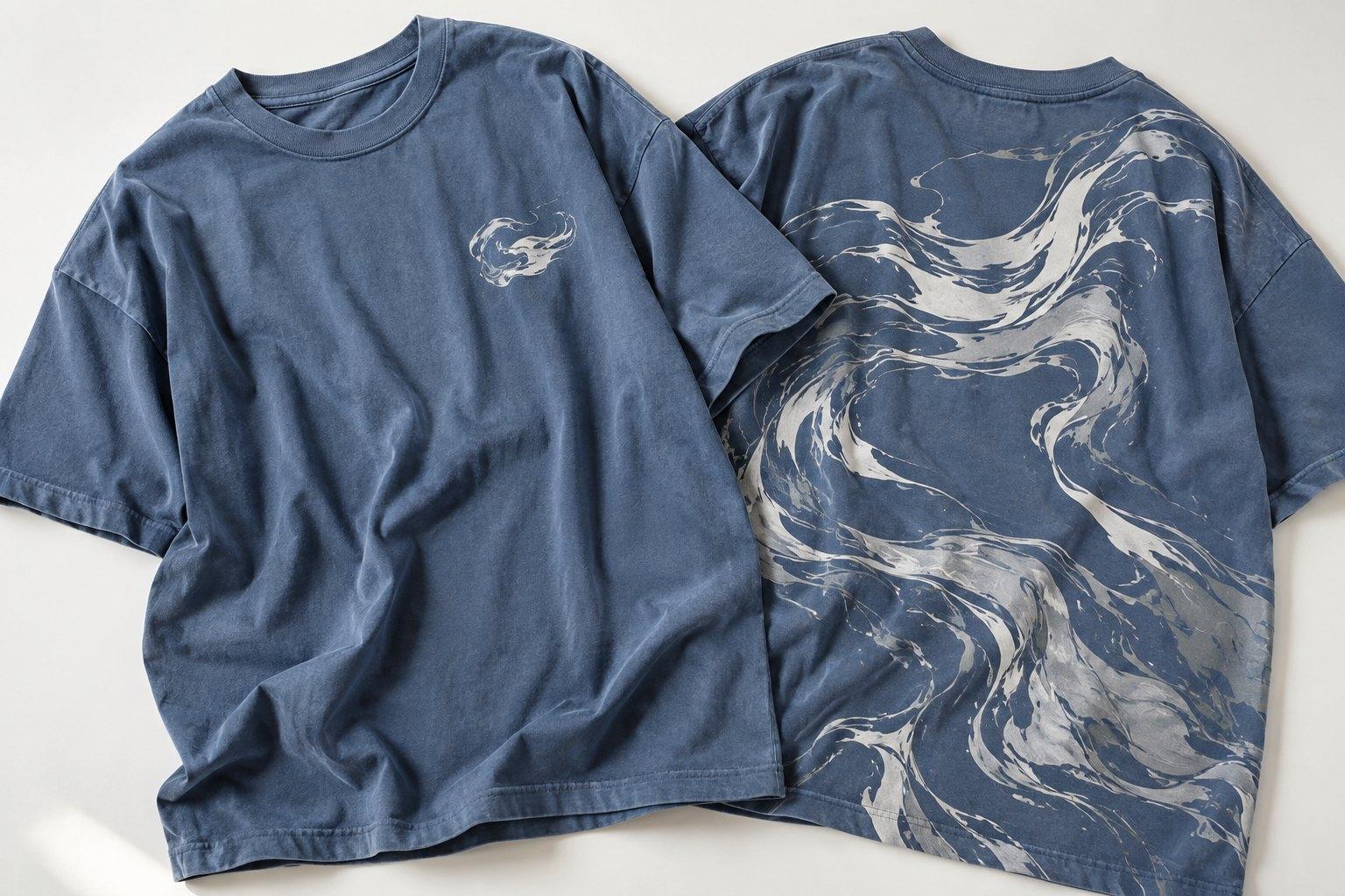 Washed indigo tee, front and back, with a small silver swirl on the chest and flowing silver marbling across the back