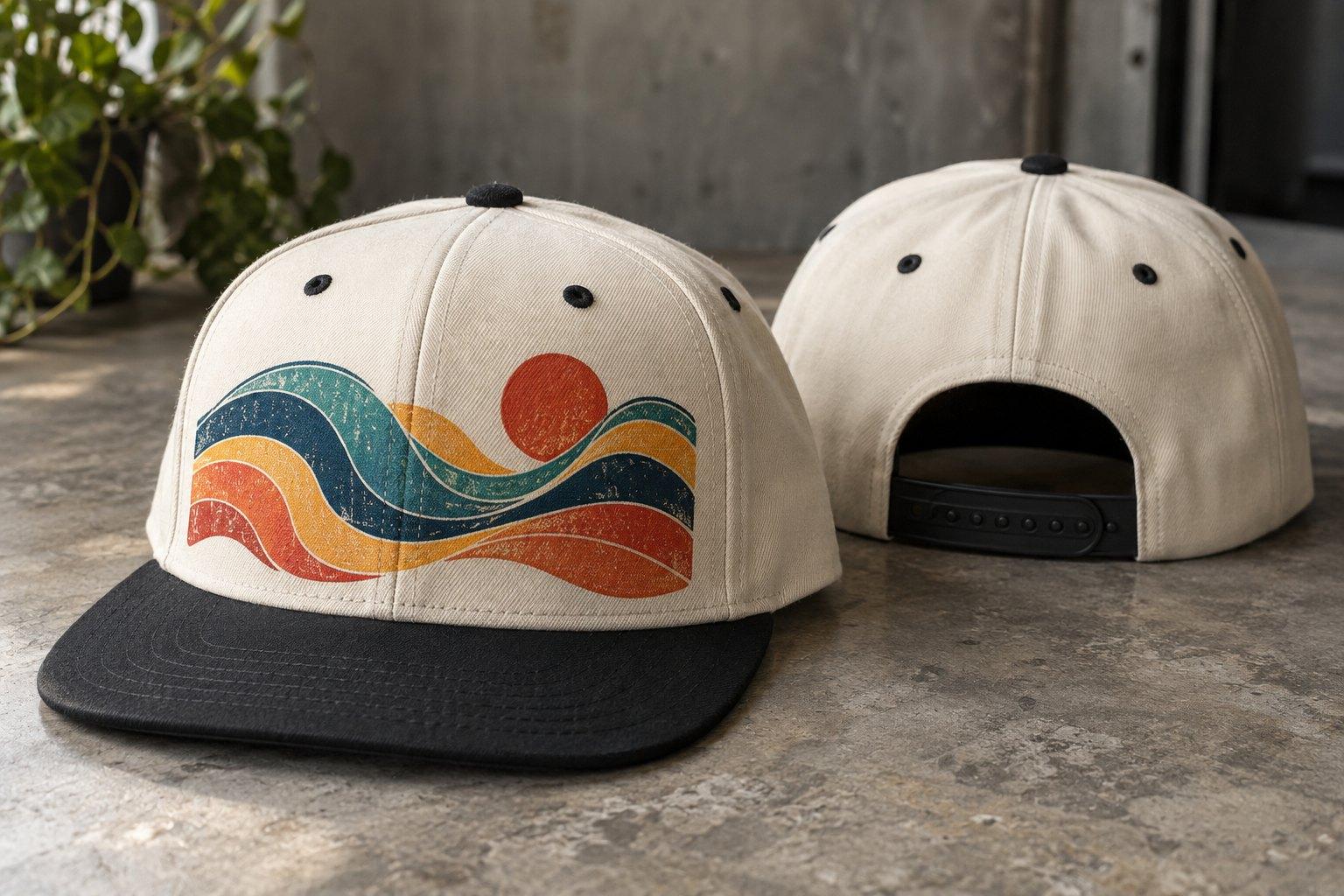 Cream snapback with a black brim and a printed retro wave and sun design, front and back